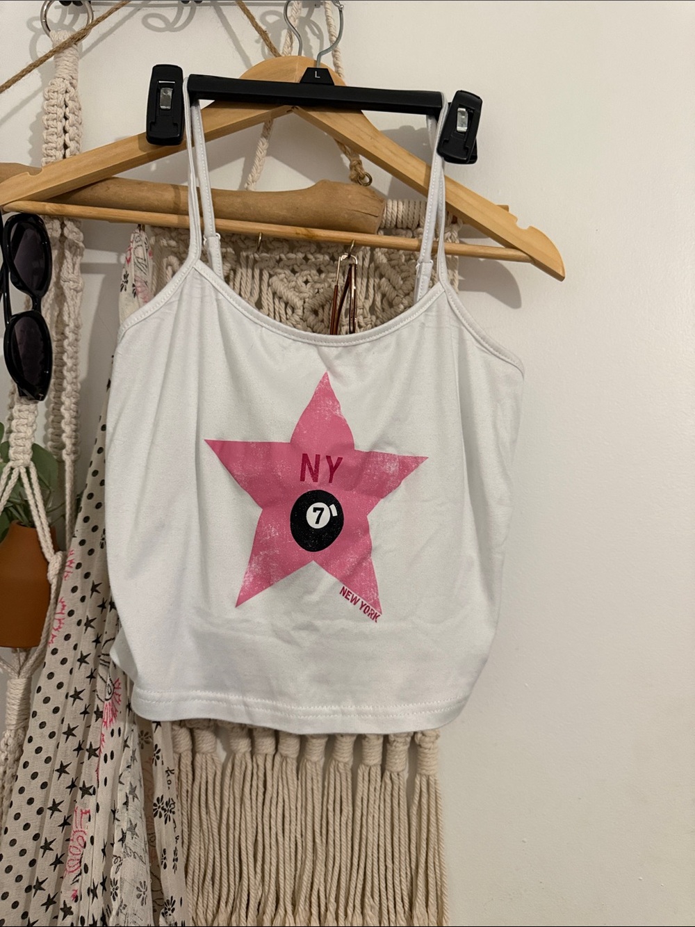 White Spaghetti-Strap Tank Top with Pink Star Graphic